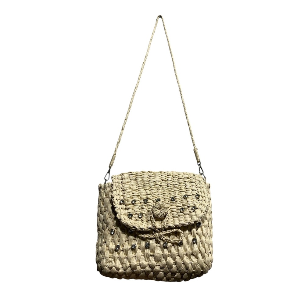 Anthropologie Straw Woven Crossbody Bag Rhinestone Studded Flap Closure - Picture 3 of 5